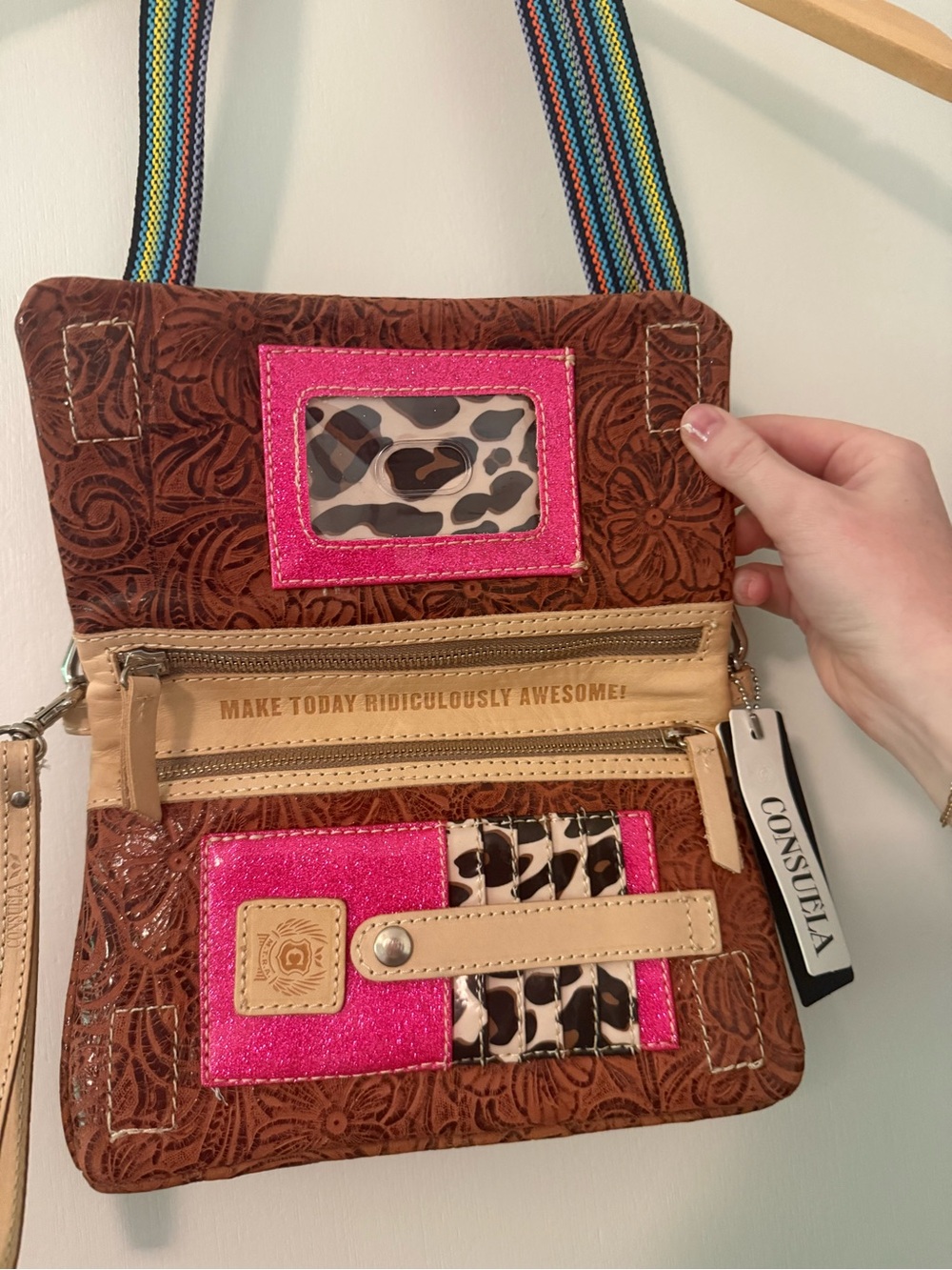 Consuela Uptown Sally Brown Floral Embossed Leather Crossbody with Rainbow Strap - Picture 6 of 6